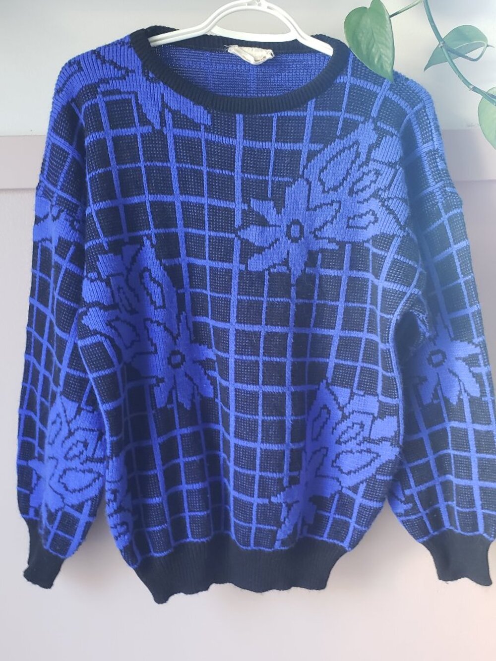 VTG Universal Knits Blue Floral Grid Sweater | Made in Canada